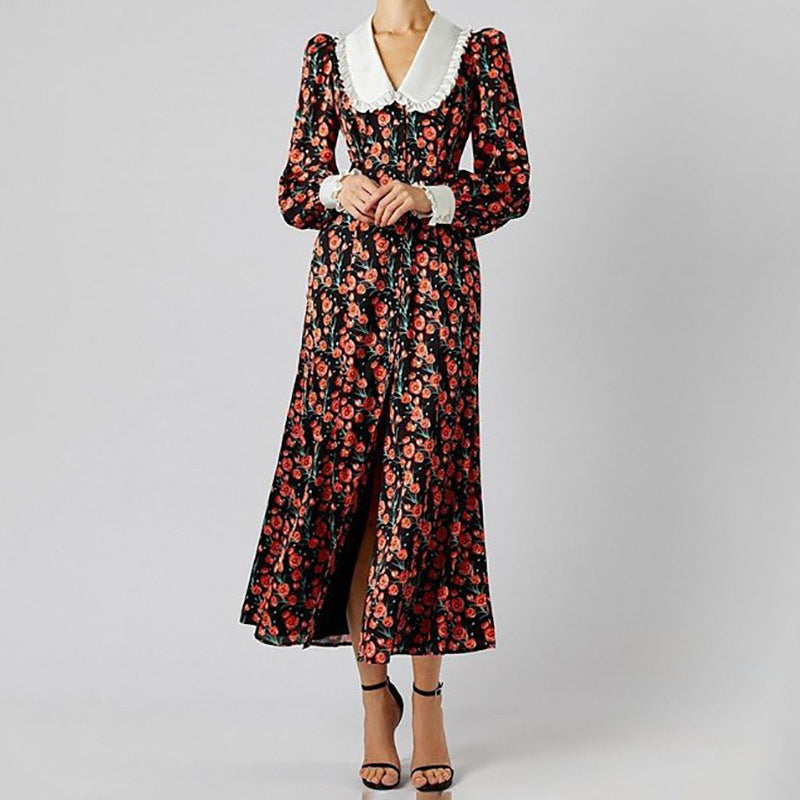 Floral Long Sleeve Peter Pan-Collar Buttoned Midi Dress