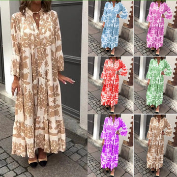 Women's V-neck Printed Long-sleeved Loose Dress