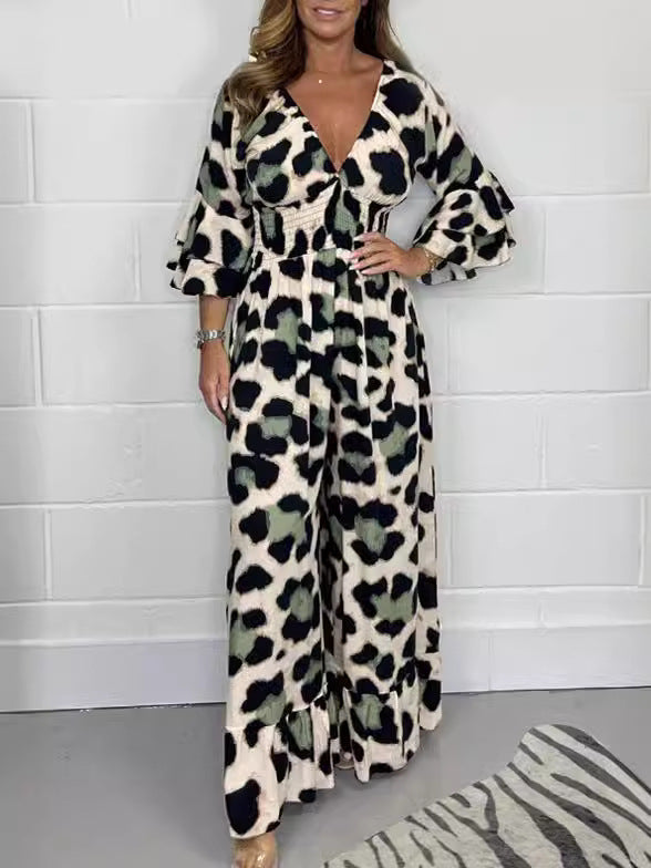 Leopard Print V-neck Jumpsuit