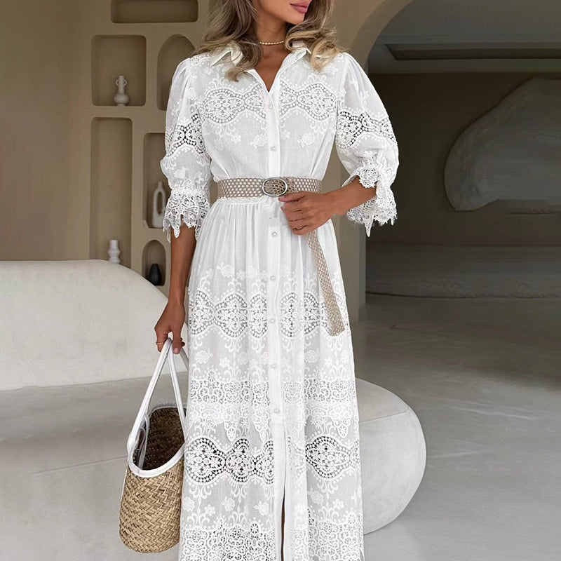 Fashionable Embroidered Belt Cotton Shirt Collar Long Dress White