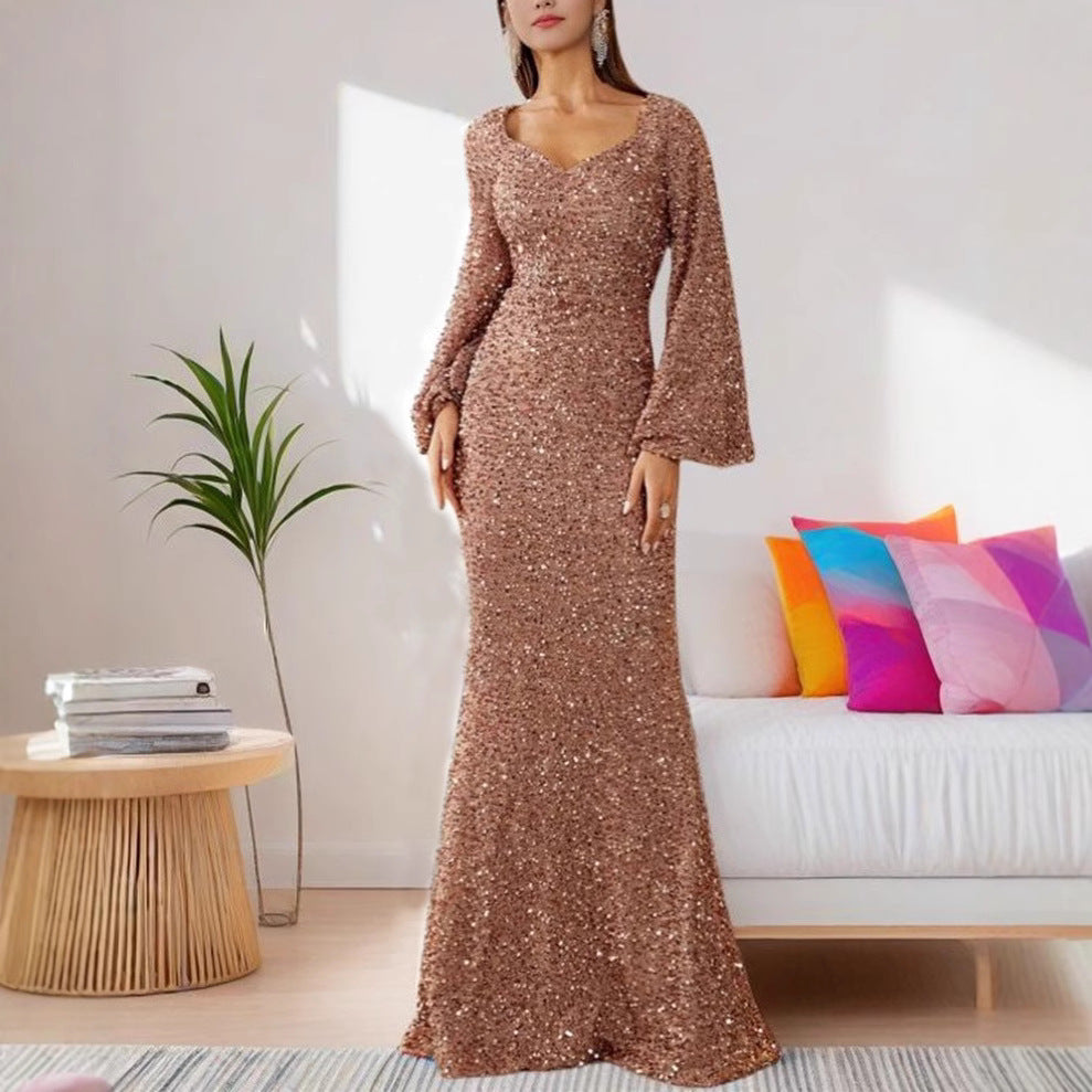 Fashion V-Neck Sequined Hip-Wrapped Fishtail Dress