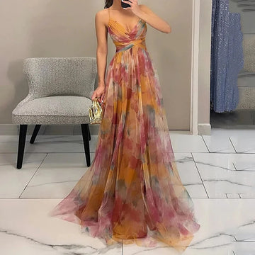 Elegant Painted Floral Print V-Neck A-Line Maxi Dress