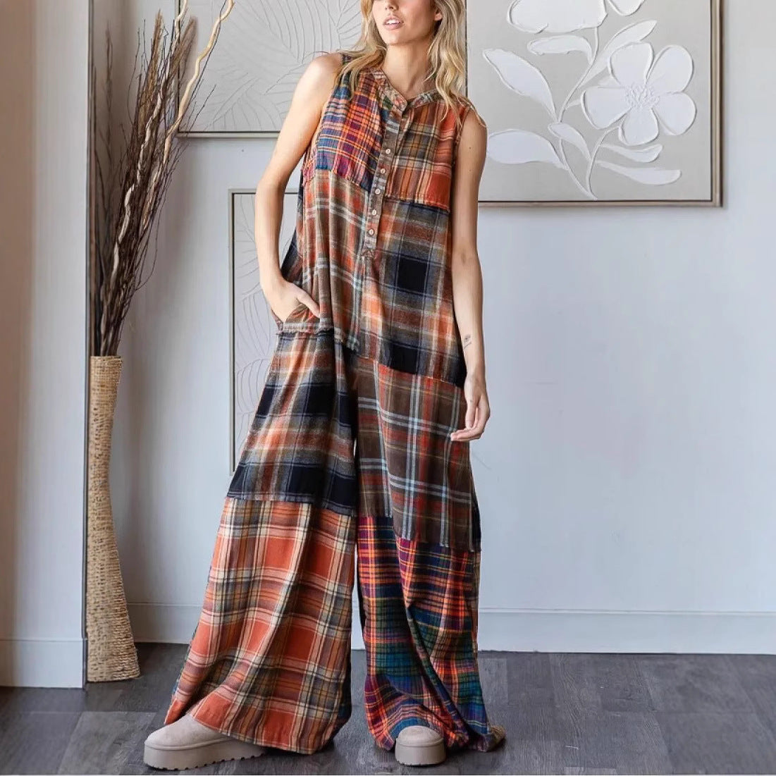 Extra Wide Leg Plaid Button Jumpsuit