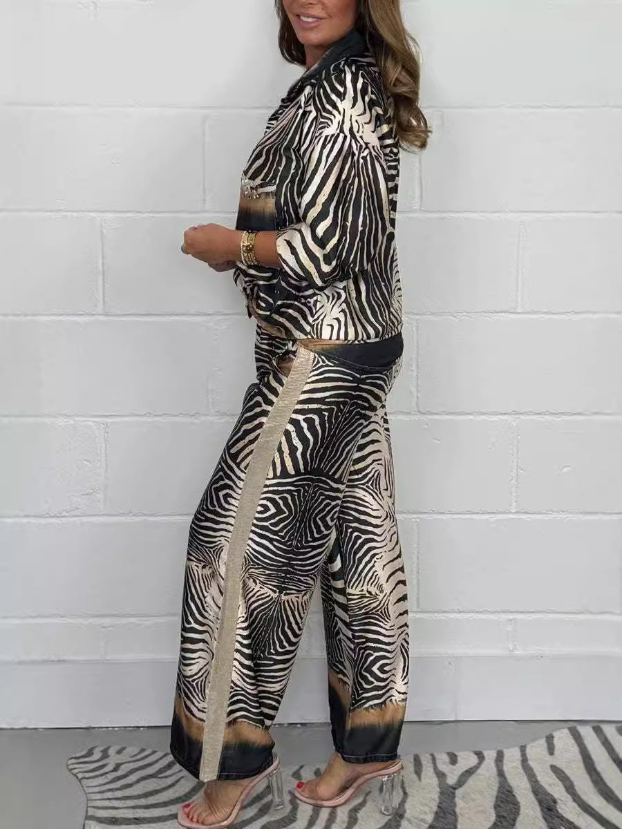 Zebra Print Beaded Satin Shirt & Trouser Co-Ord