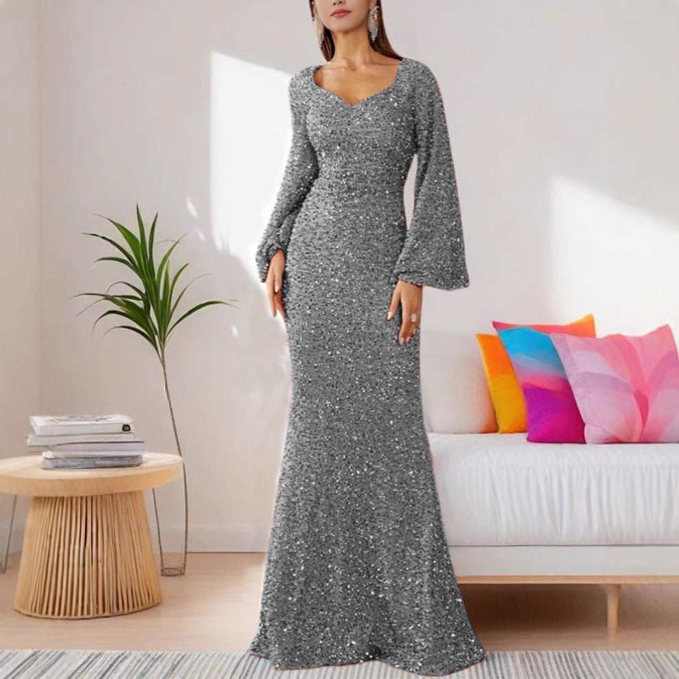 Fashion V-Neck Sequined Hip-Wrapped Fishtail Dress