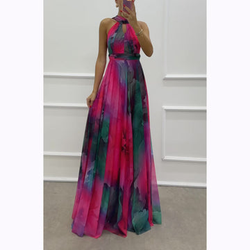 Elaine Tulle Floral Splash Print Cutout Halter Tie-Up Neck Gown Maxi Dress