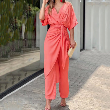 Women Party Jumpsuit V Neck Color Pleated Irregular Dress