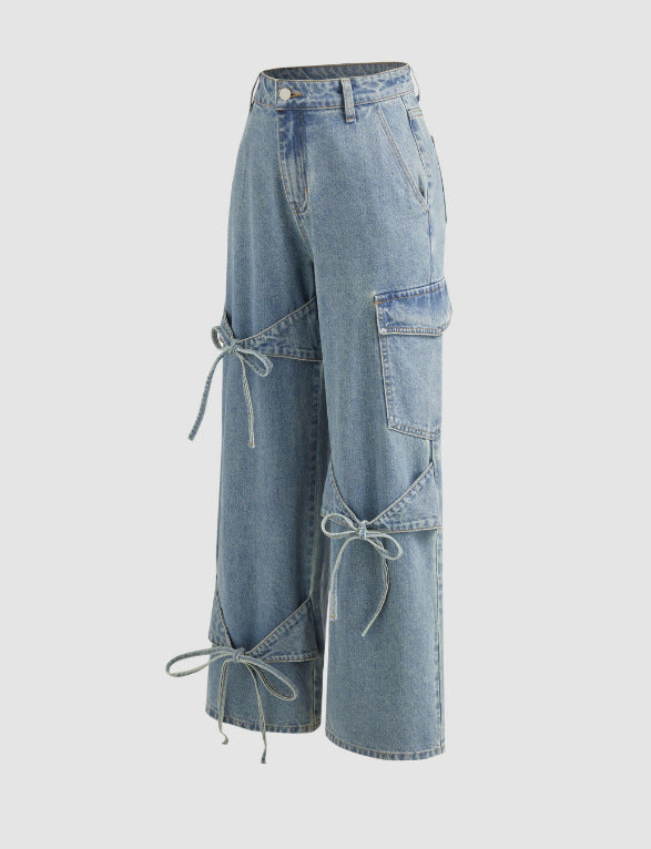 Bowknot Buckle Up Pocket Wide Leg Jeans