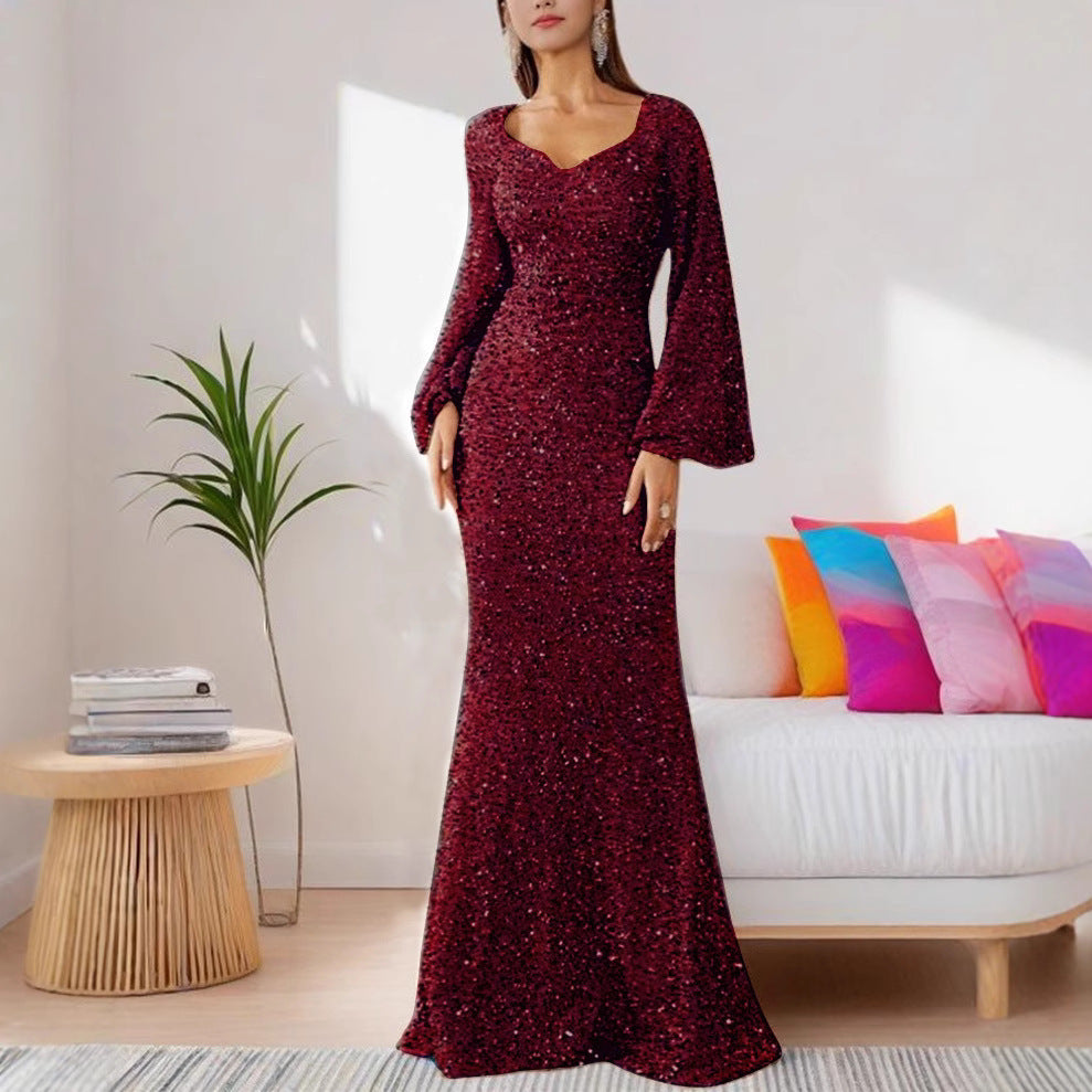 Fashion V-Neck Sequined Hip-Wrapped Fishtail Dress