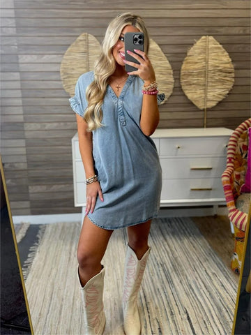 Flutter Sleeve Denim Shift Dress