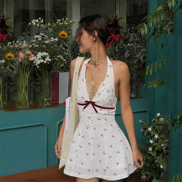 Embroidered Cherry Print Halterneck Dress