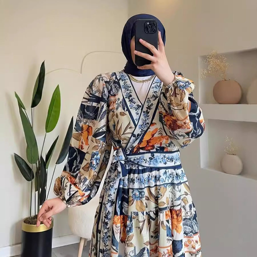 Printed V-neck tie waist long sleeve dress