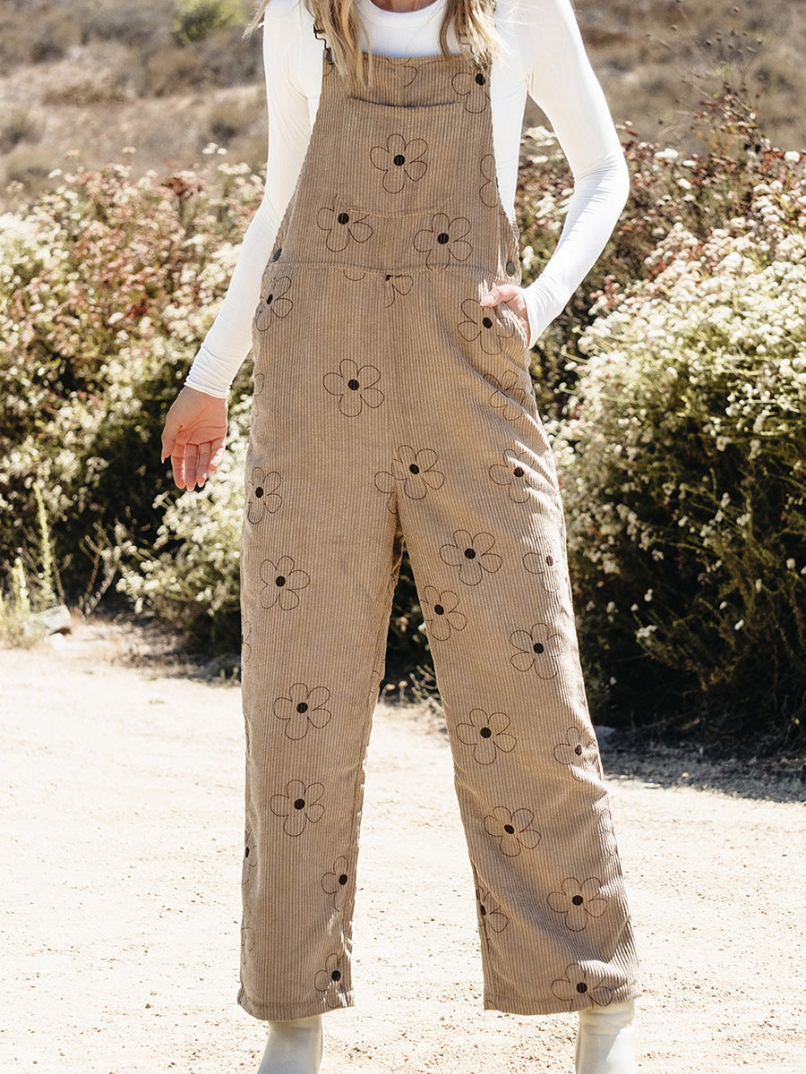 Khaki Flower Print Corduroy Overalls