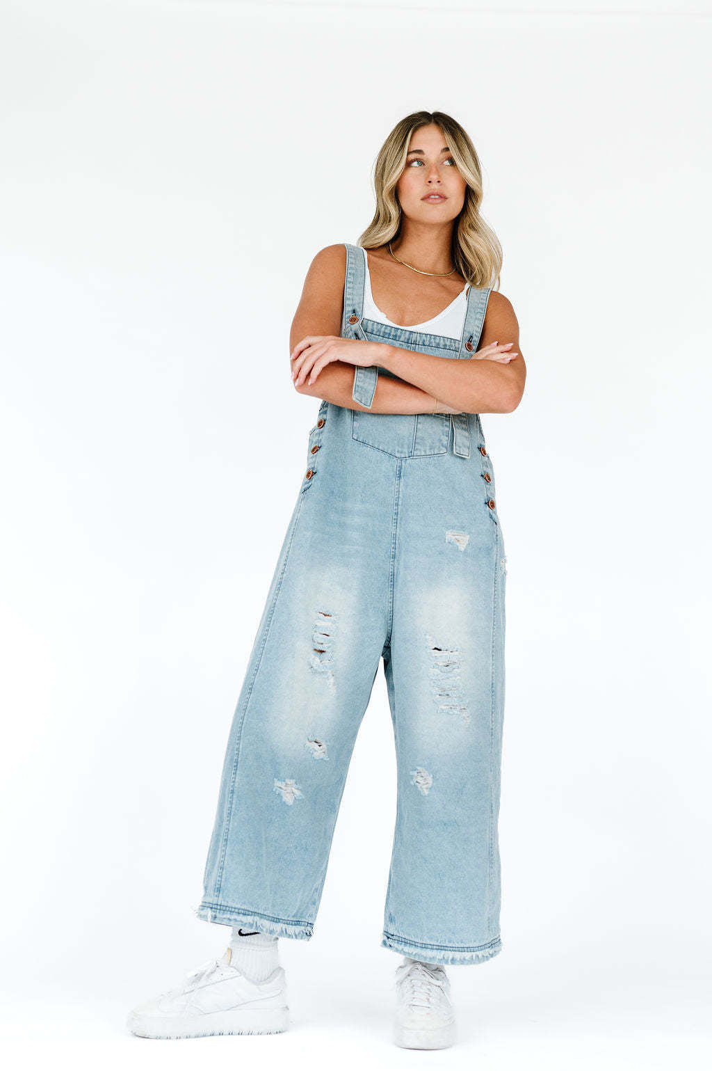 Distressed Buttons Square Neck Sleeveless Loose Denim Jumpsuits