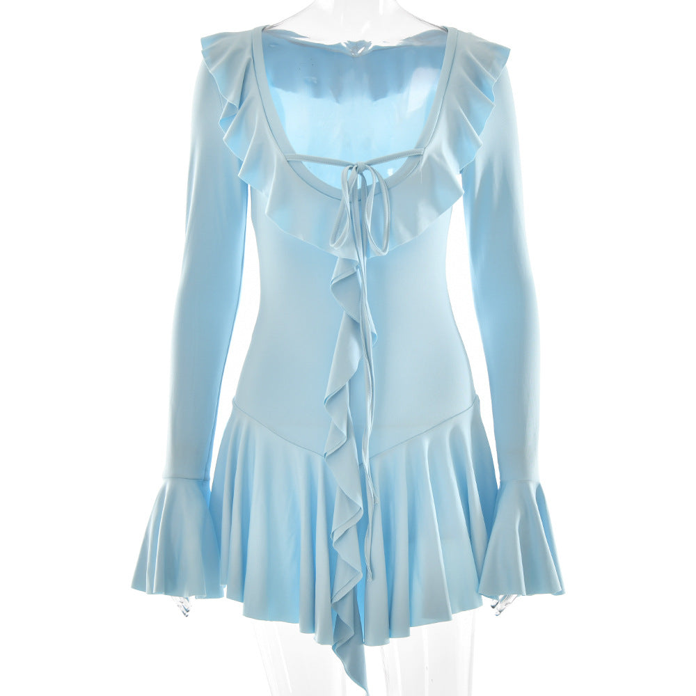 Deep V-Neck And Ruffled Flared Sleeves Mini Dress