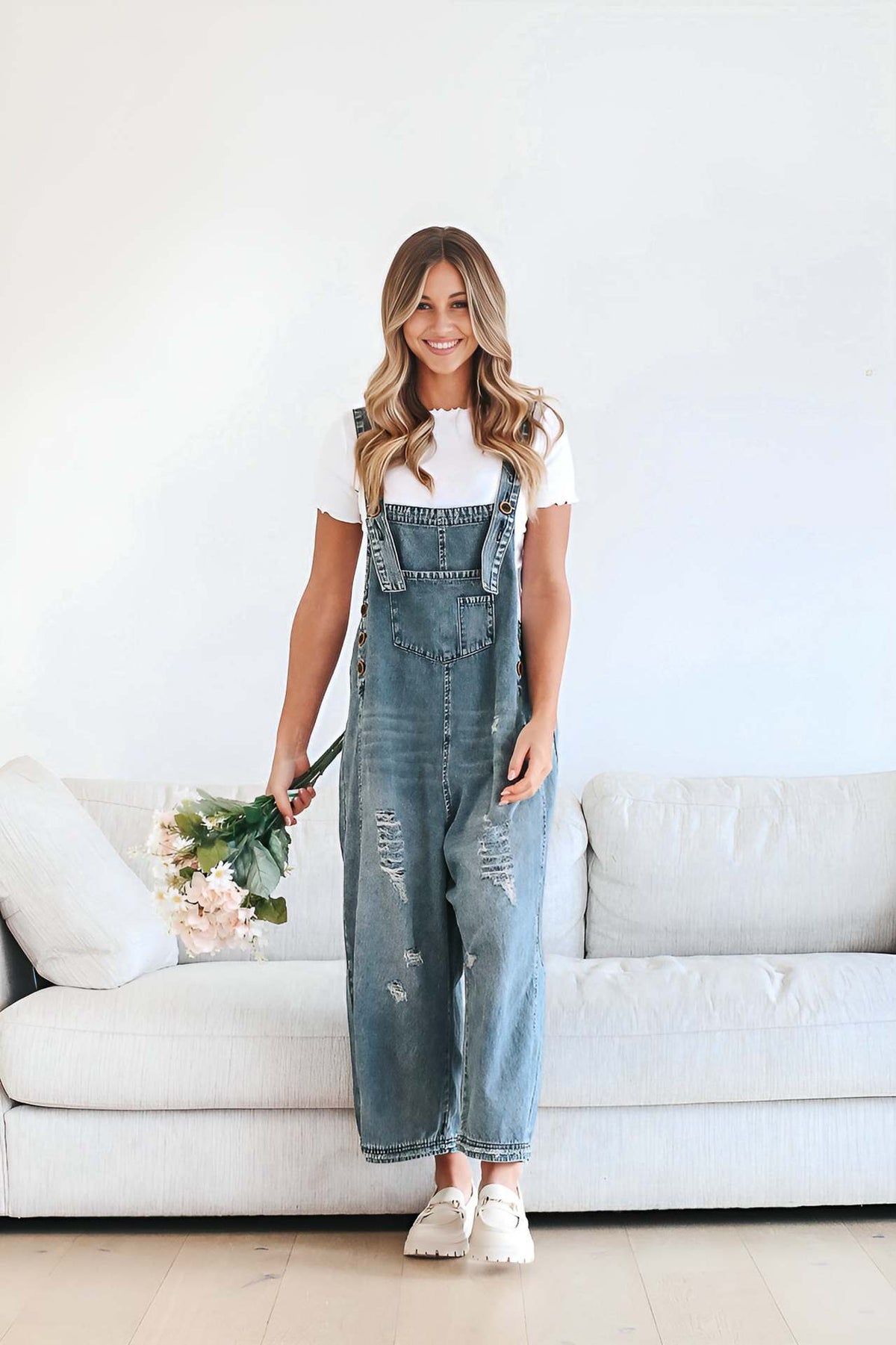 Distressed Buttons Square Neck Sleeveless Loose Denim Jumpsuits