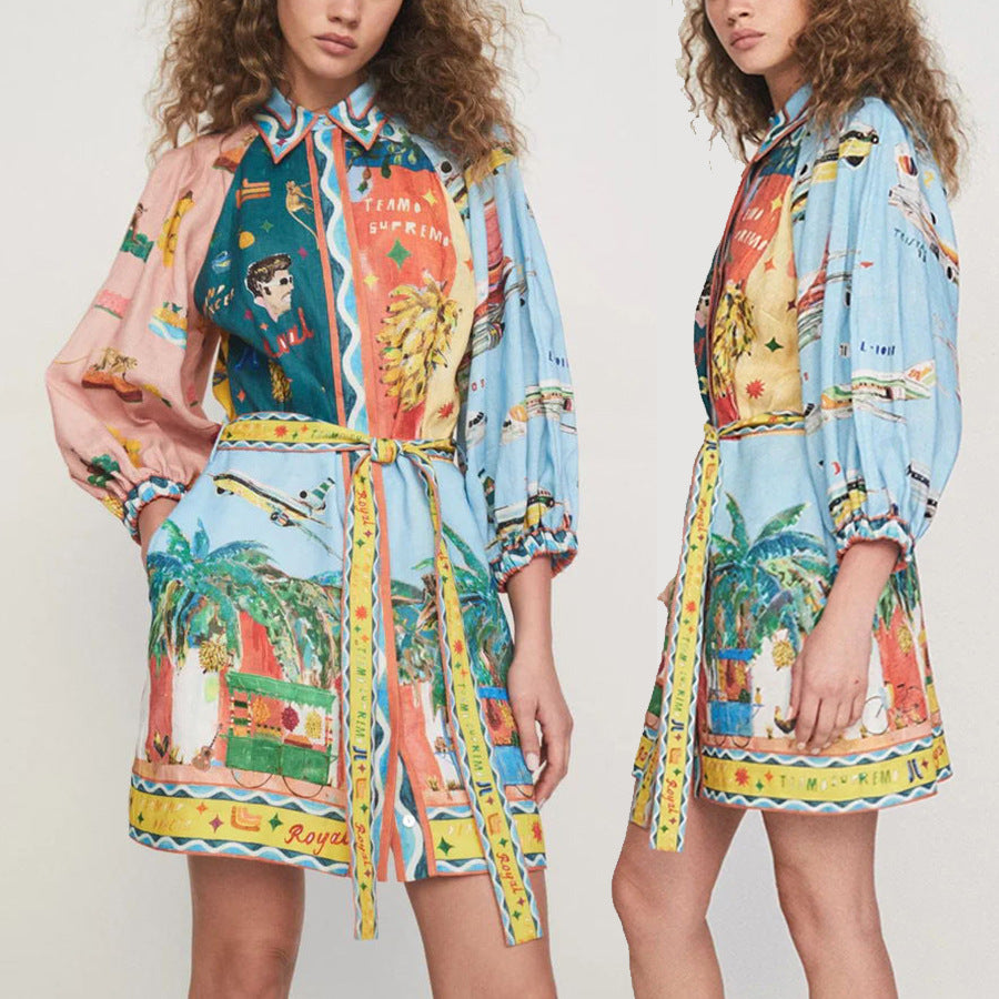 Unique Satin Art Floral Print Tie Pocket Shirt MiniDress