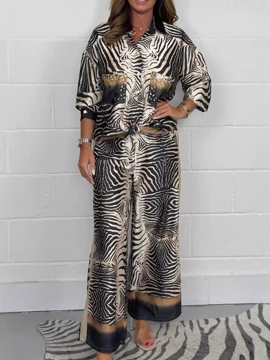 Zebra Print Beaded Satin Shirt & Trouser Co-Ord