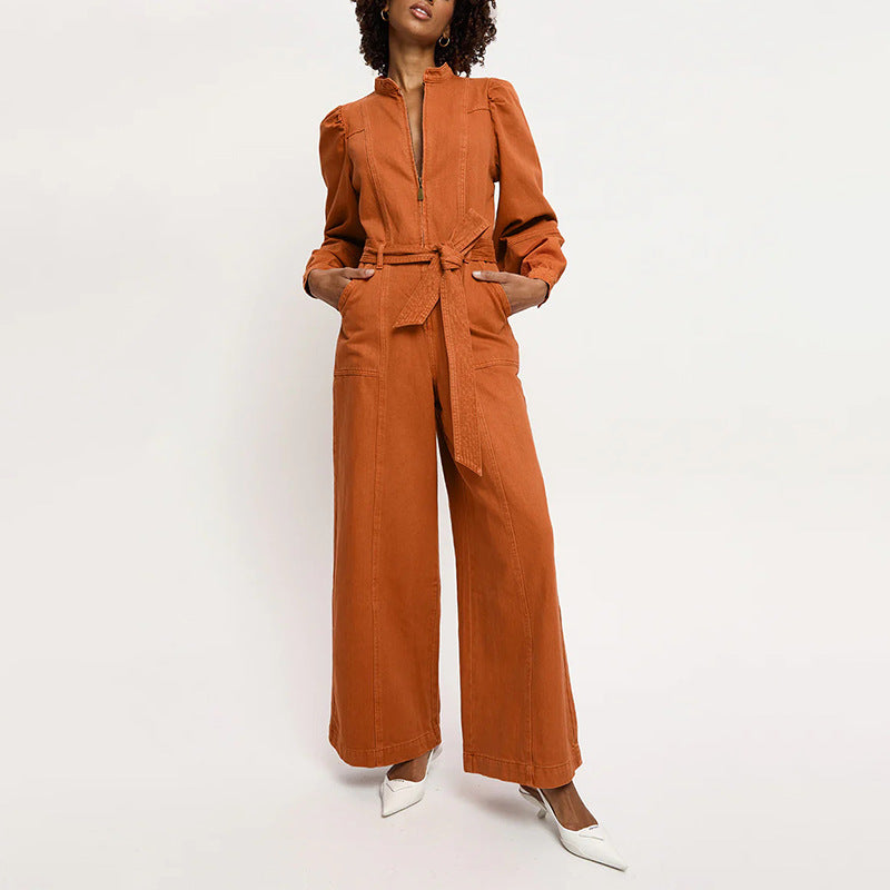 Zipper Line Long Sleeve Tie Waist Casual Boilersuit