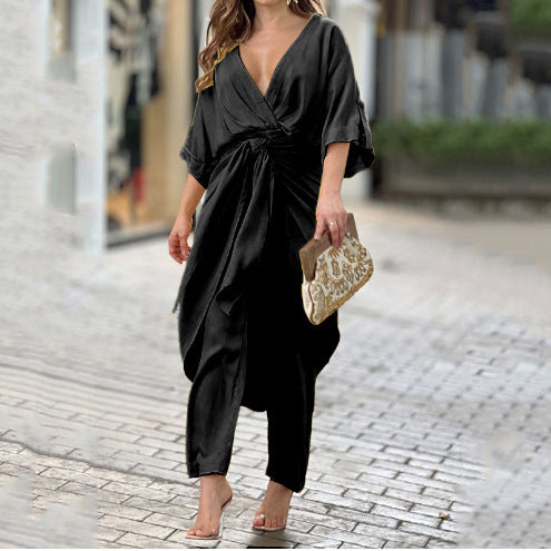 Women Party Jumpsuit V Neck Color Pleated Irregular Dress