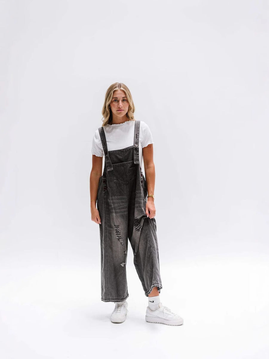 Distressed Buttons Square Neck Sleeveless Loose Denim Jumpsuits