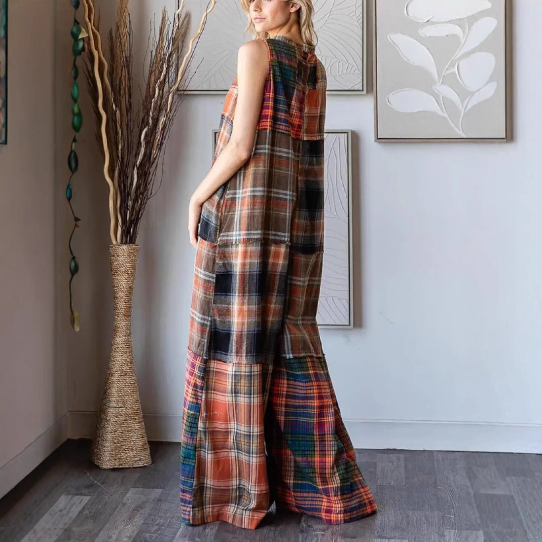 Extra Wide Leg Plaid Button Jumpsuit