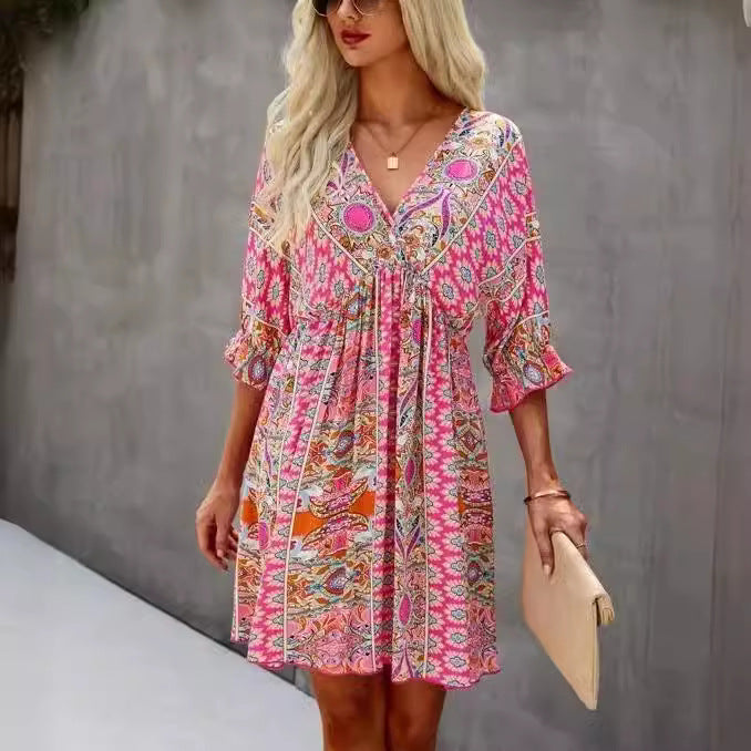 V-neck collection waist print dress