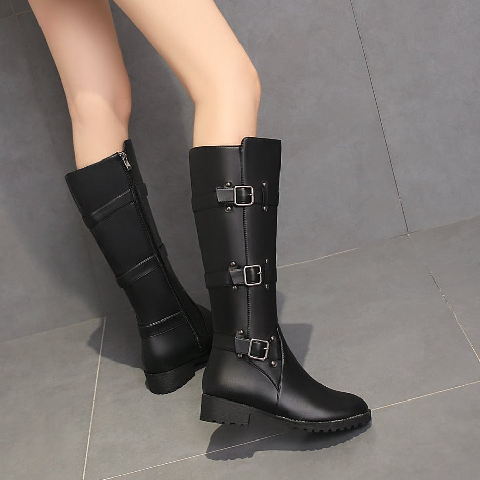 Women Buckle Straps Side Zipper Chunky Heel Knee High Motorcycle Boots