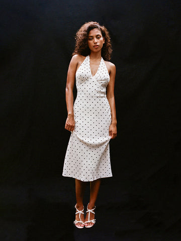 Elegant Polka Dot Halter Neck Midi Dress