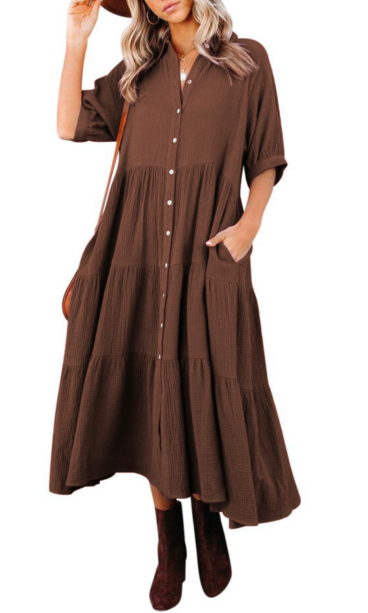 Women's Cotton Half Sleeves Midi Dress with Pockets