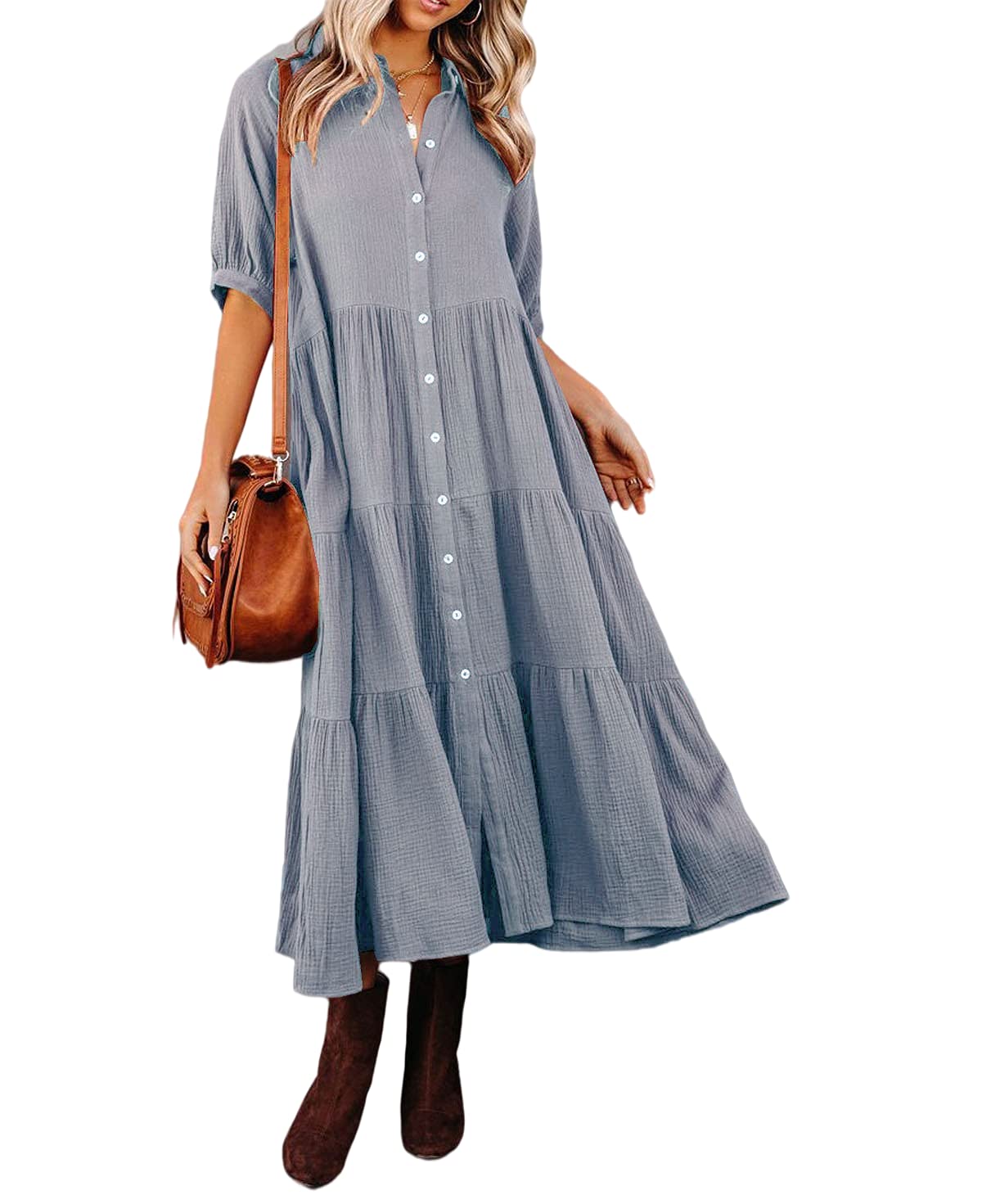 Women's Cotton Half Sleeves Midi Dress with Pockets