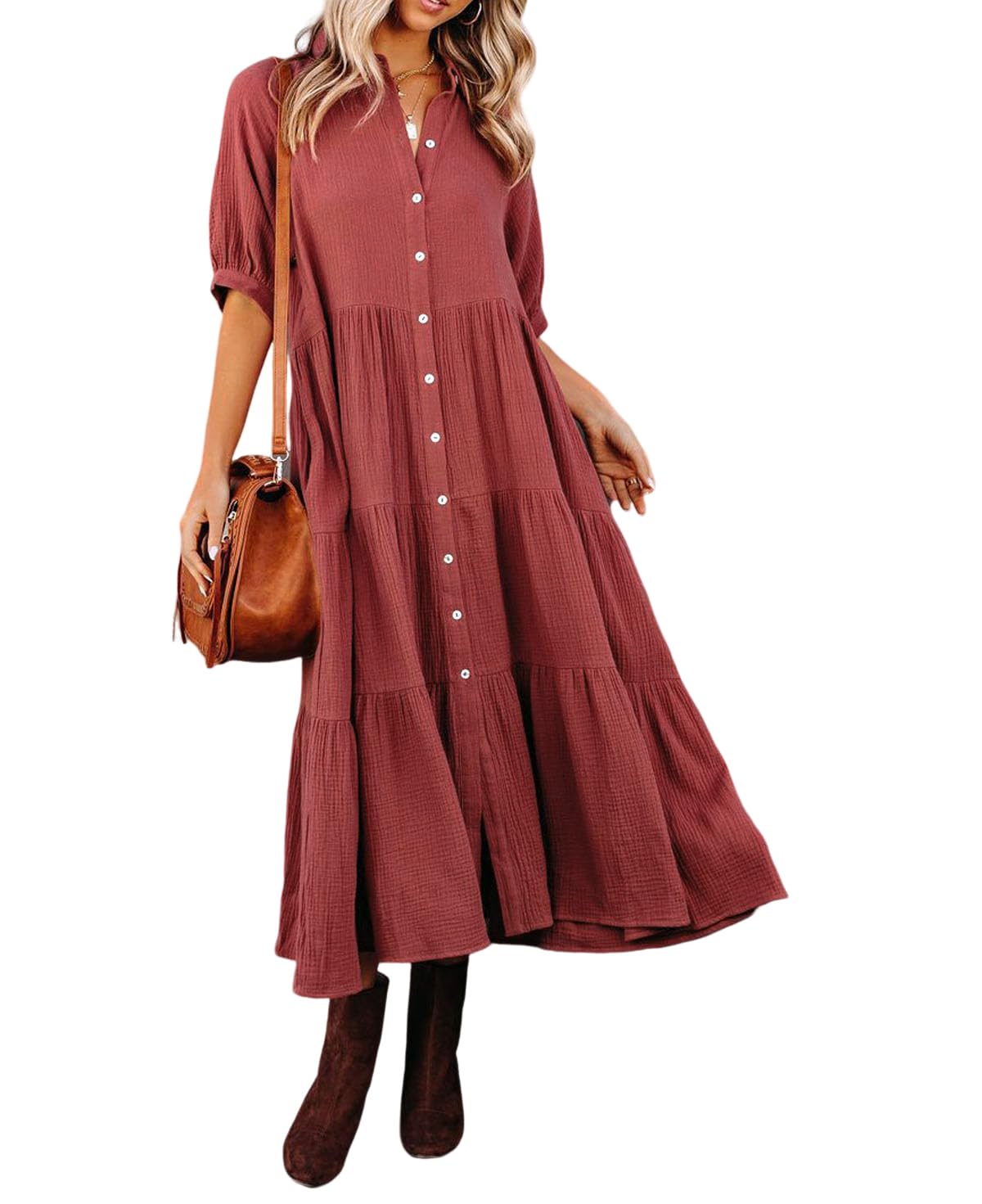 Women's Cotton Half Sleeves Midi Dress with Pockets