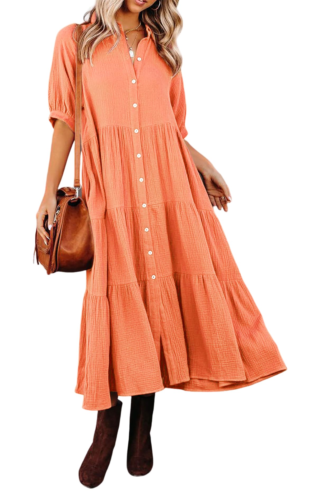 Women's Cotton Half Sleeves Midi Dress with Pockets