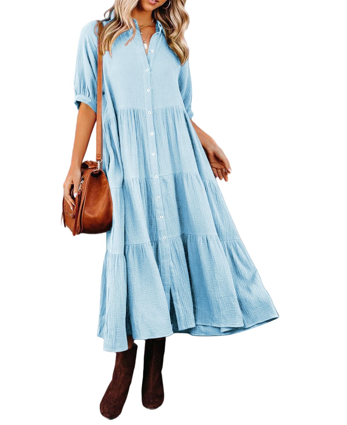 Women's Cotton Half Sleeves Midi Dress with Pockets