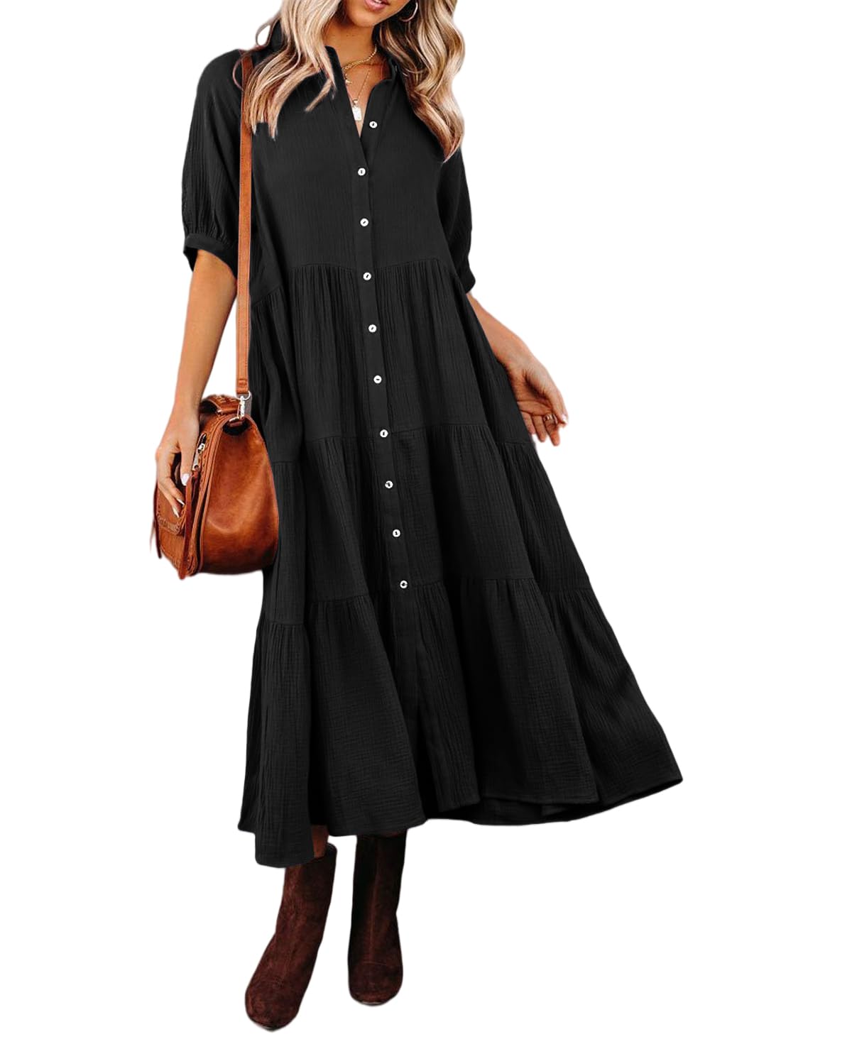 Women's Cotton Half Sleeves Midi Dress with Pockets