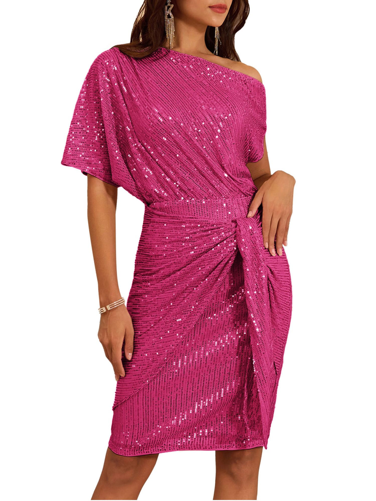 Women's Sequin Sparkly Glitter One Shoulder Ruched Bodycon Dress