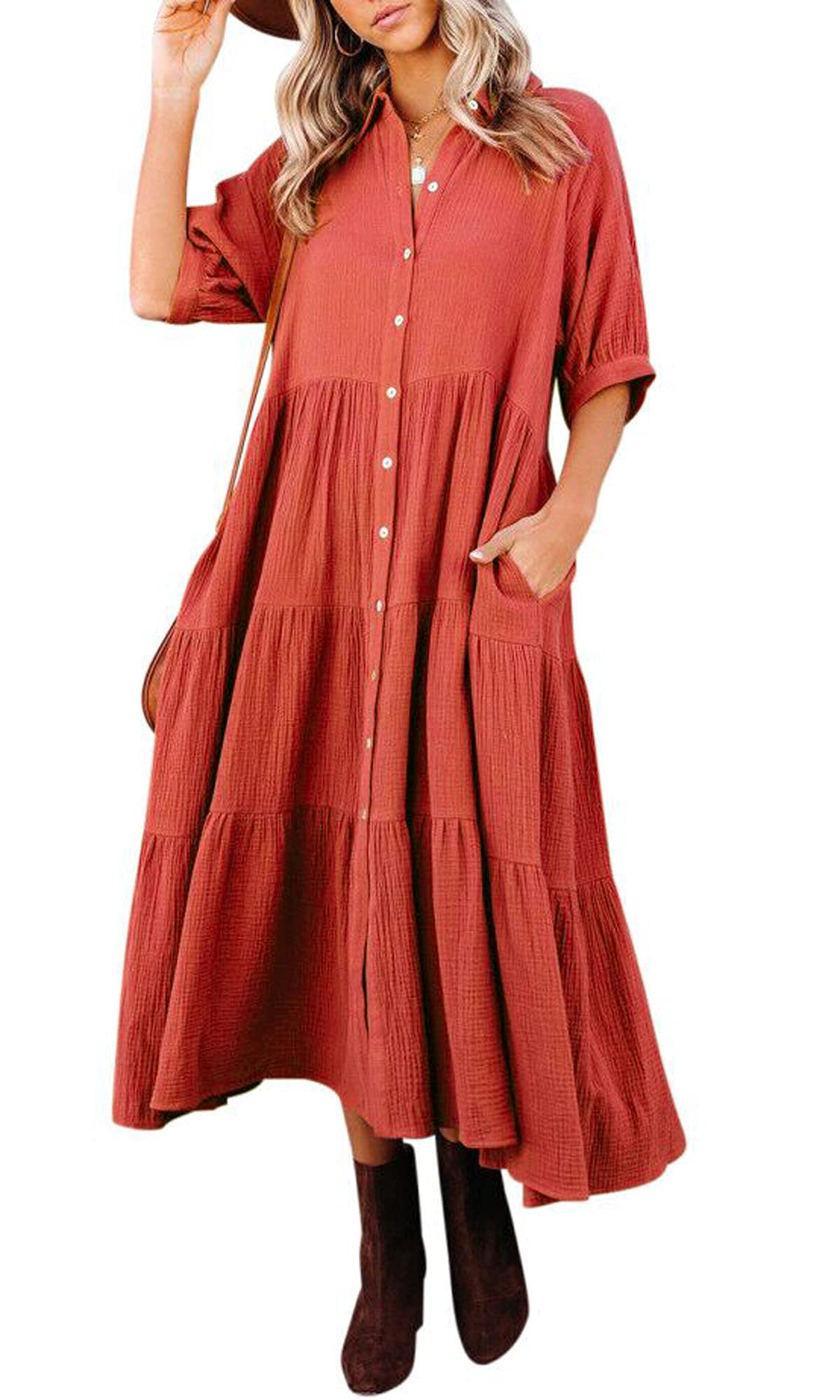 Women's Cotton Half Sleeves Midi Dress with Pockets