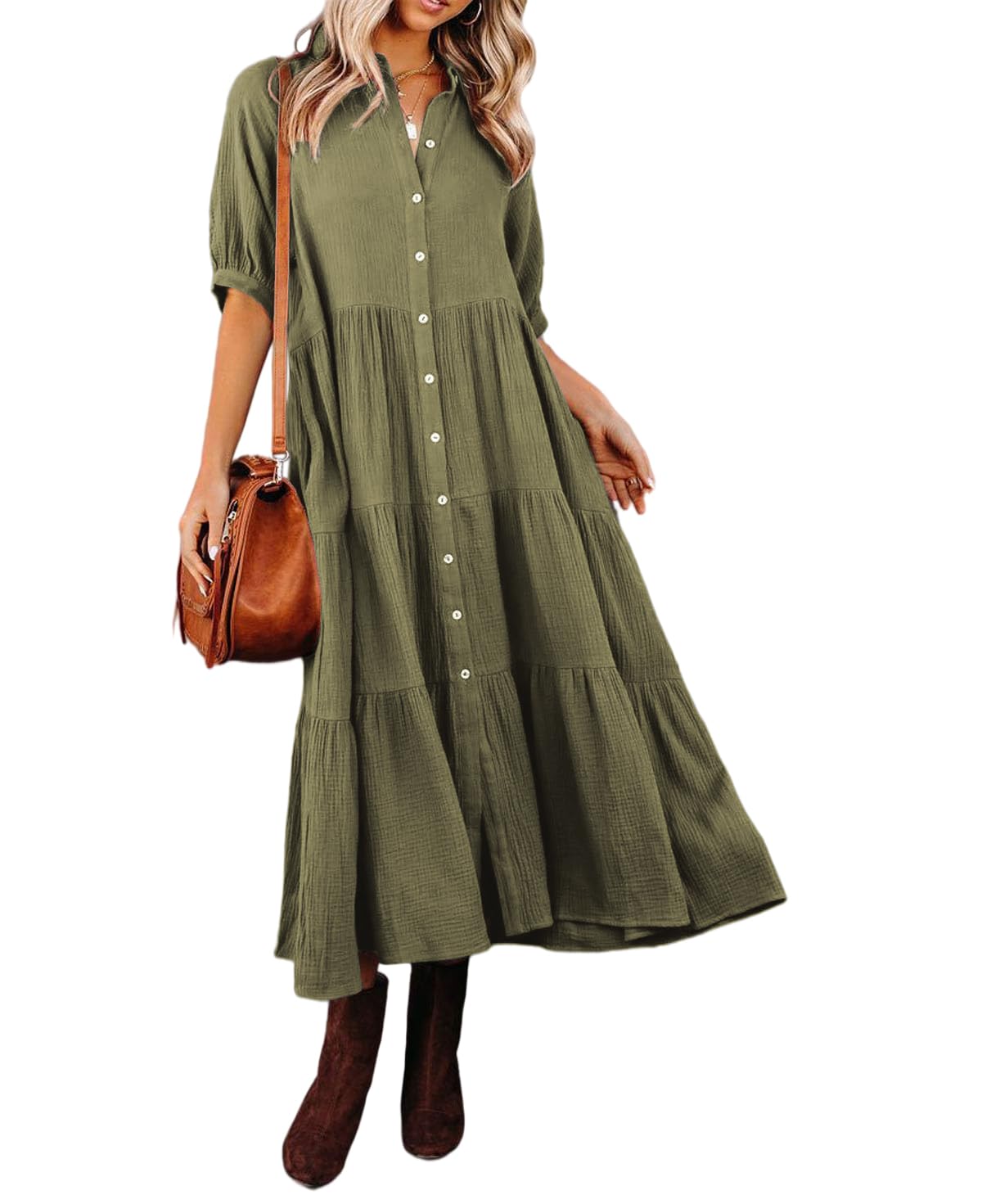 Women's Cotton Half Sleeves Midi Dress with Pockets