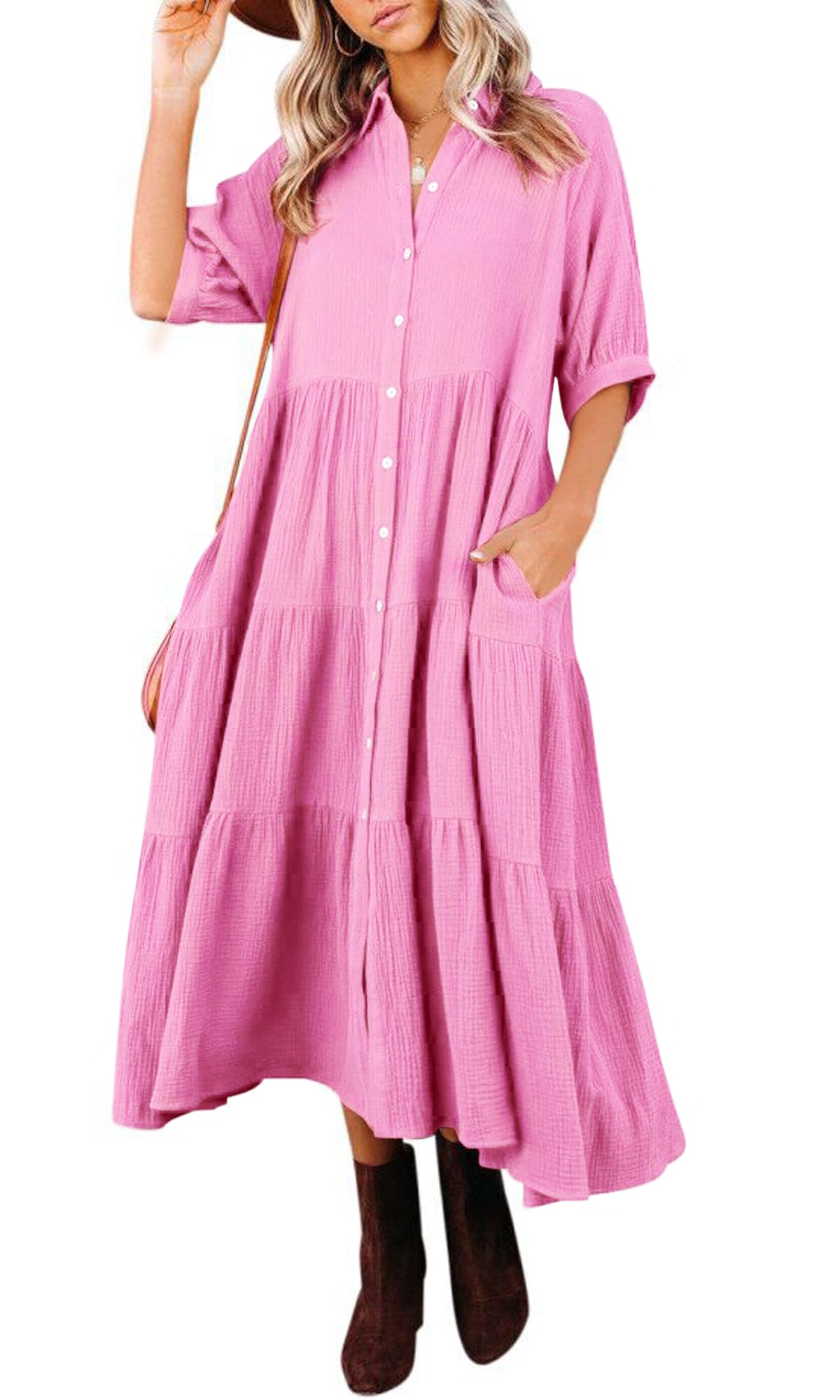 Women's Cotton Half Sleeves Midi Dress with Pockets