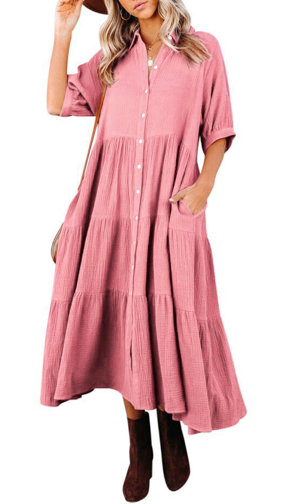 Women's Cotton Half Sleeves Midi Dress with Pockets