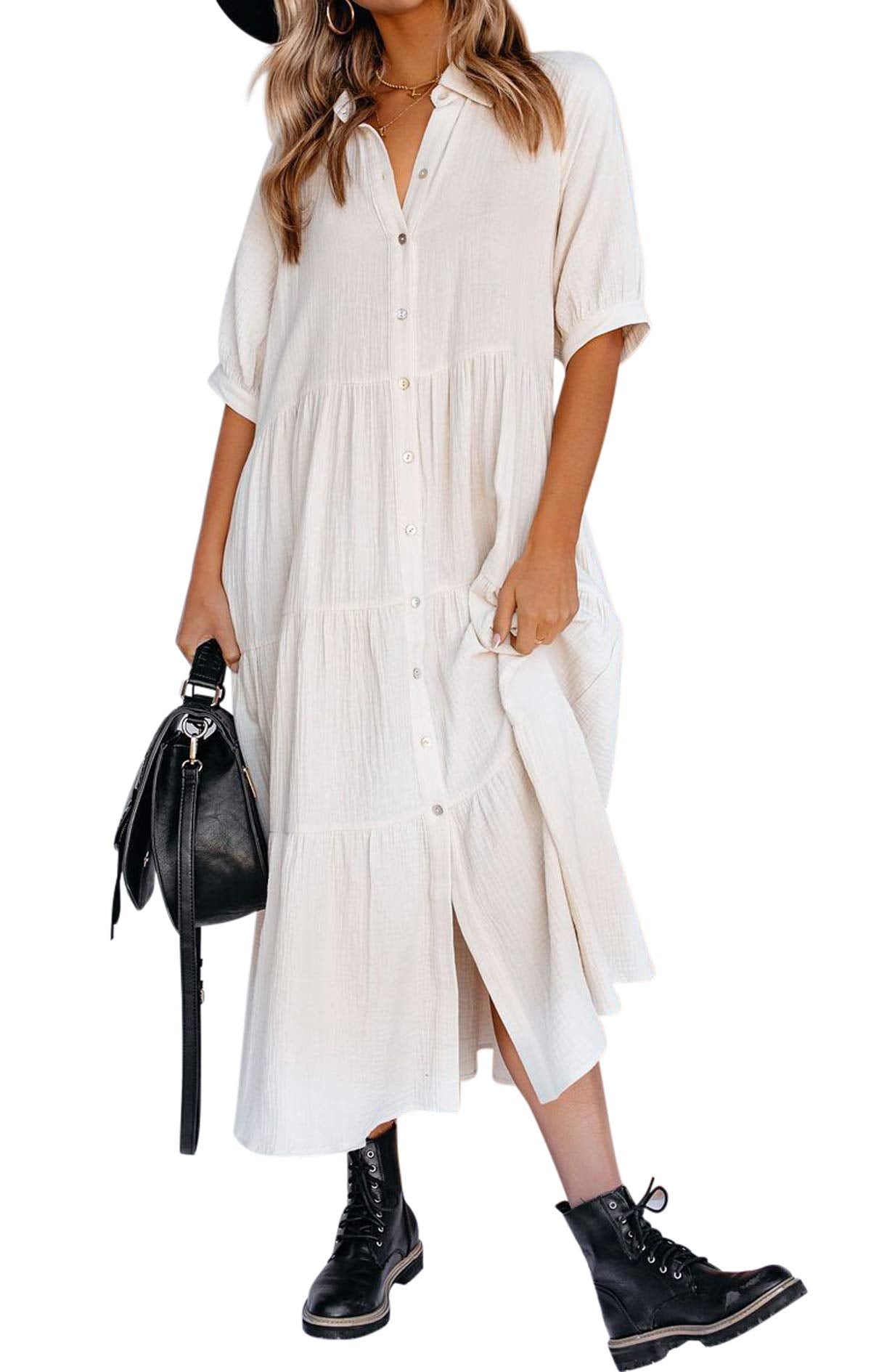 Women's Cotton Half Sleeves Midi Dress with Pockets