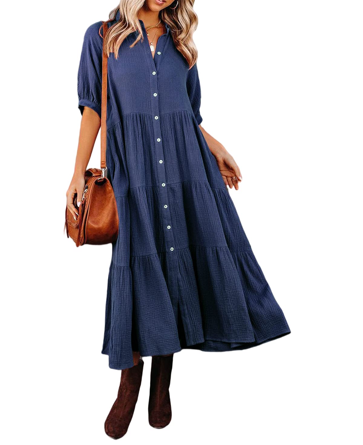 Women's Cotton Half Sleeves Midi Dress with Pockets