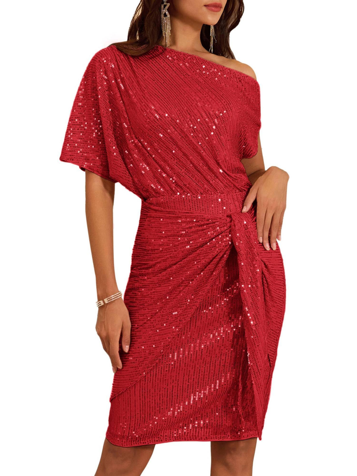 Women's Sequin Sparkly Glitter One Shoulder Ruched Bodycon Dress