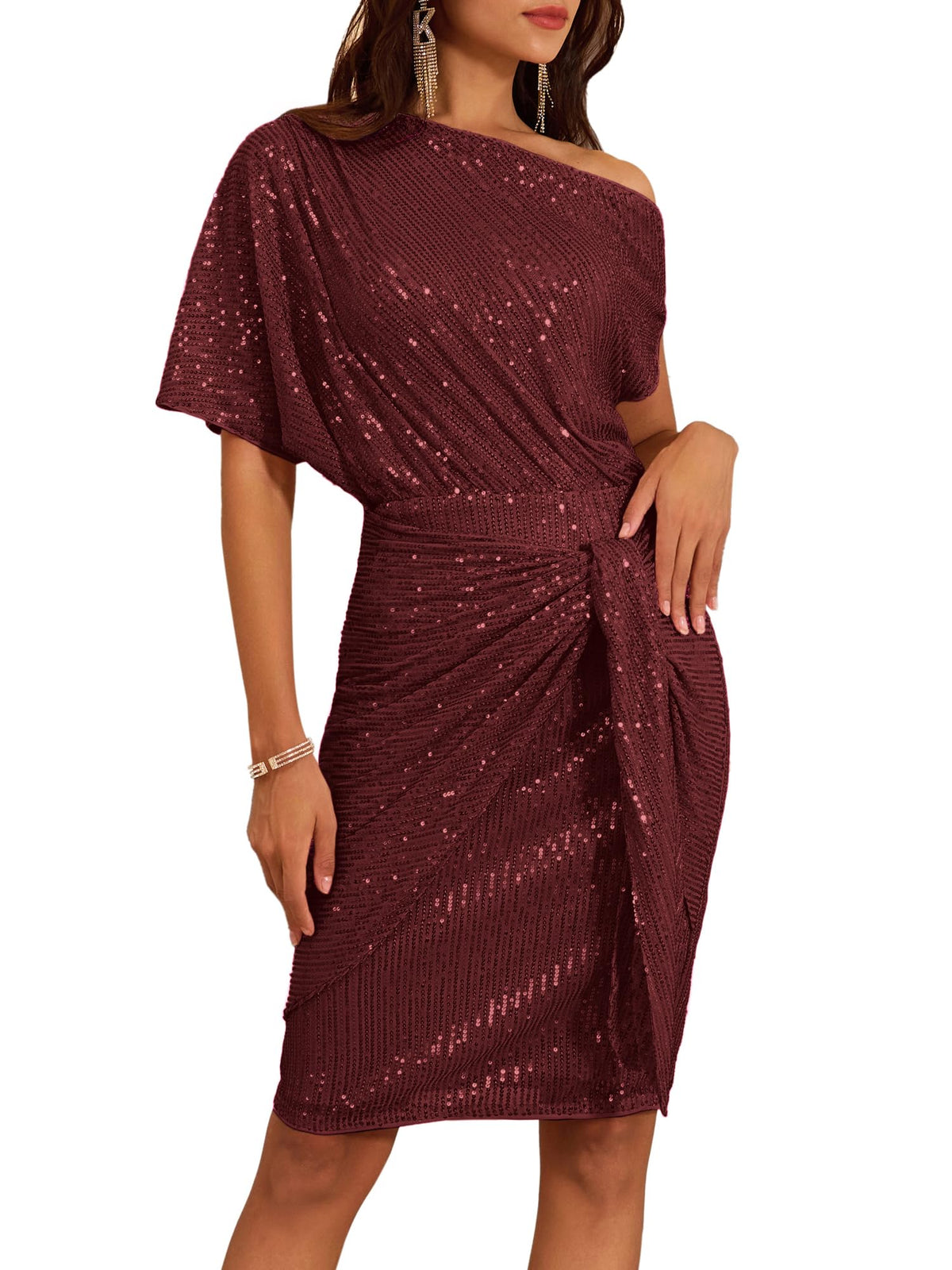 Women's Sequin Sparkly Glitter One Shoulder Ruched Bodycon Dress