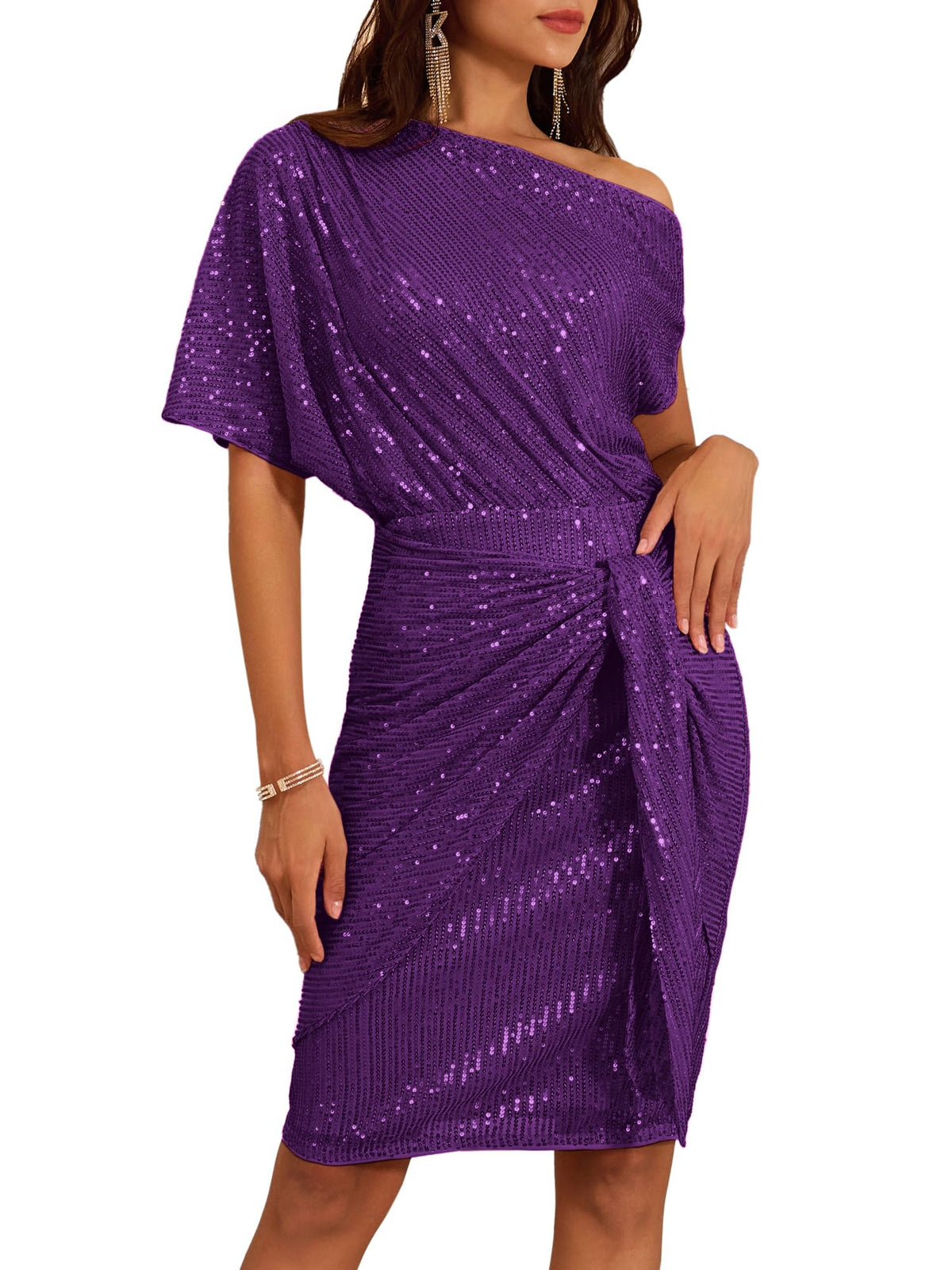 Women's Sequin Sparkly Glitter One Shoulder Ruched Bodycon Dress