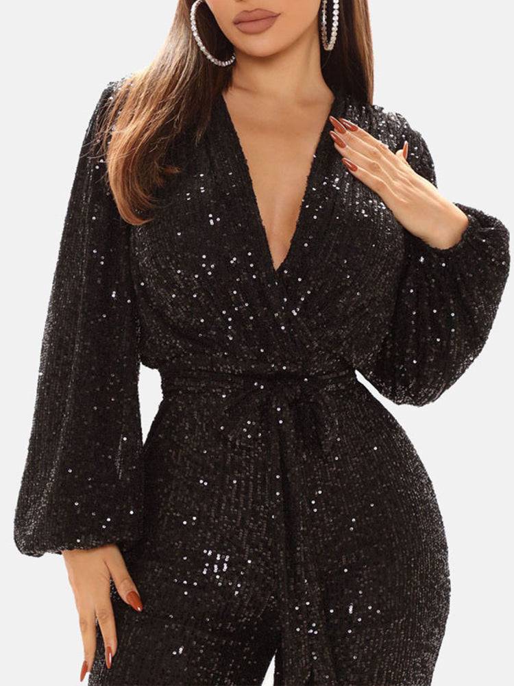 Sequin Long Sleeve V Neck Jumpsuit