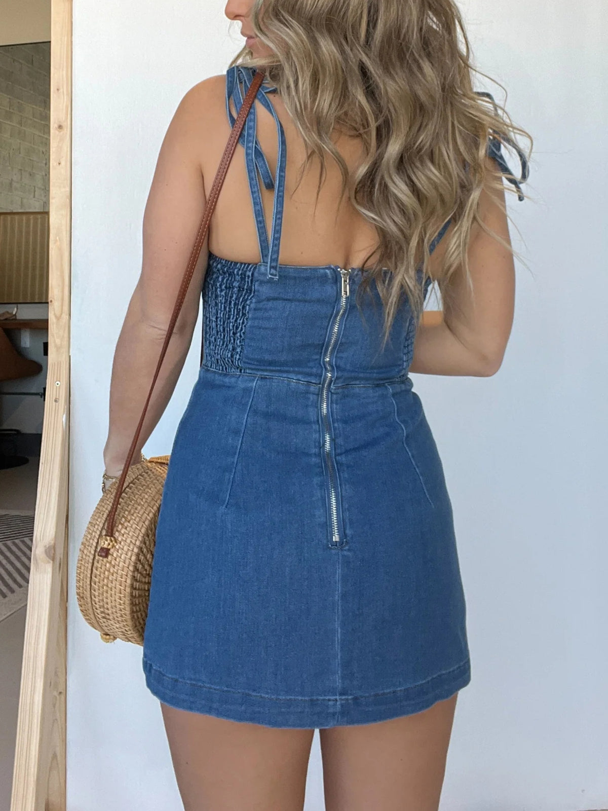 Strappy Denim Zipper Romper Dress