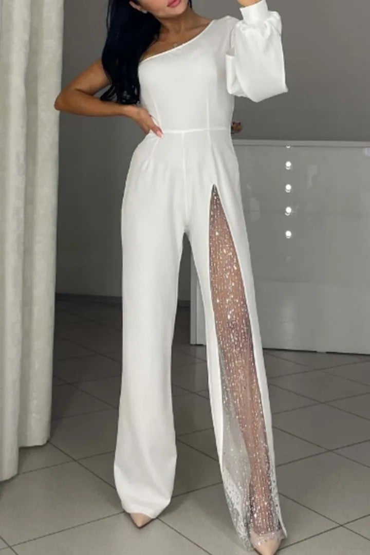 One-shoulder Sexy Mesh Stitching Jumpsuit