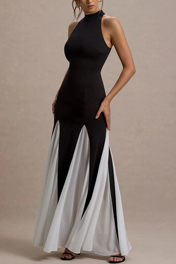 Panelled Tulle High Neck Stretch Maxi Dress