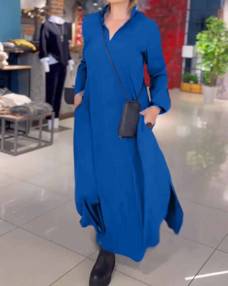 Casual Solid Color V-Neck Long Sleeve Dress